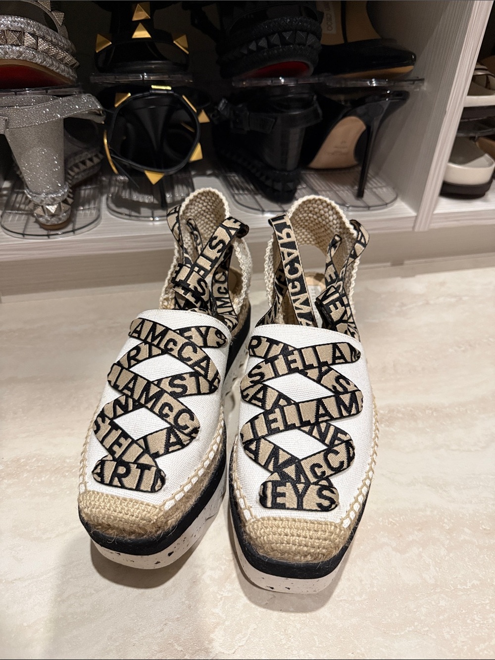 Stella McCartney White Canvas Espadrille Platform Sandals with Black Logo Straps
